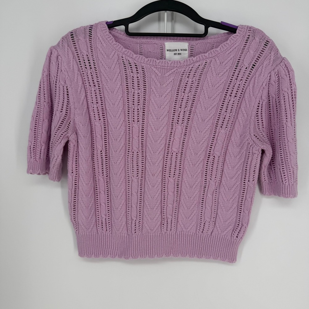 Willow & Wind Sweater Women Medium Purple Short Sleeve Crop Pointelle Cable Knit